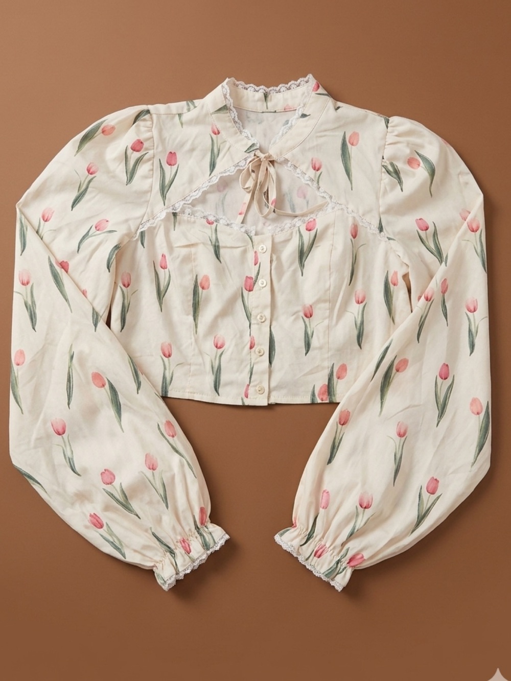Tie-Neck Tulip Print Crop Blouse - Cream/Pink
